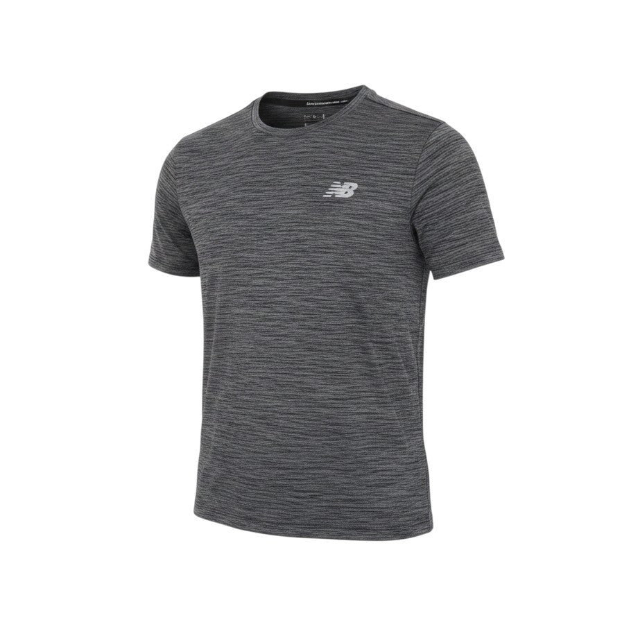 Prewornwholesale New Balance women's grey marl short sleeve activewear t-shirt with crew neck and chest logo