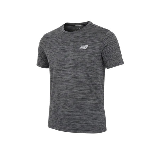 Prewornwholesale New Balance women's grey marl short sleeve activewear t-shirt with crew neck and chest logo