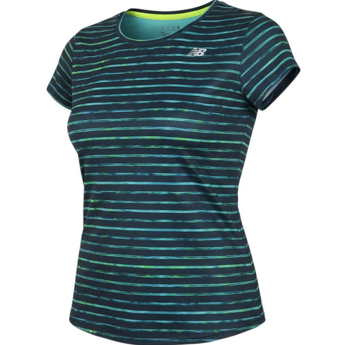Prewornwholesale New Balance women's blue and green striped moisture-wicking athletic running T-shirt with scoop neck