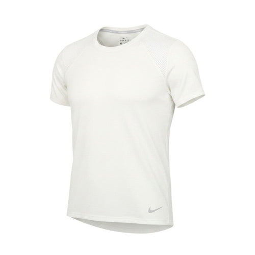 Prewornwholesale white Nike Dri-Fit women's running t-shirt with breathable mesh panels and short raglan sleeves.