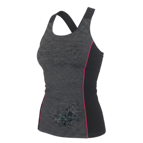 Prewornwholesale Oysho women's black and grey racerback tank top with pink piping for athletic workouts.