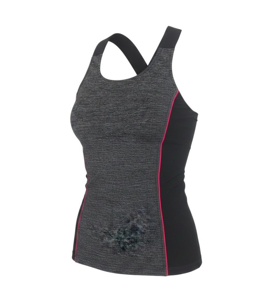 Prewornwholesale Oysho women's black and grey racerback tank top with pink piping for athletic workouts.