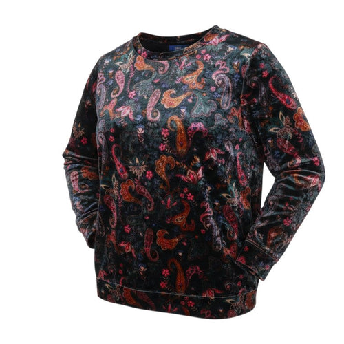 Prewornwholesale Cotton Traders multicoloured paisley print velvet pullover sweatshirt with a crew neckline