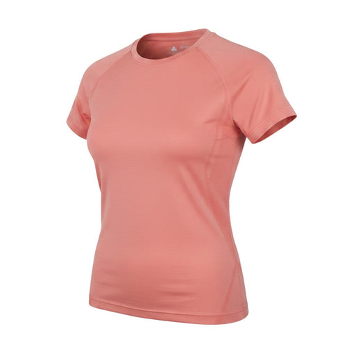 Prewornwholesale coral pink slim fit activewear T-shirt with crew neck and short raglan sleeves for women.