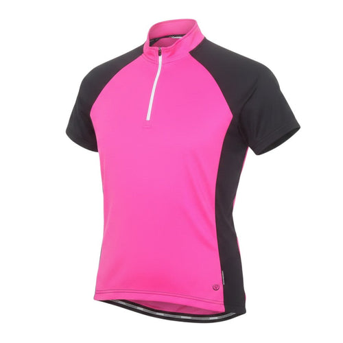 Prewornwholesale women's pink and black short sleeve cycling jersey with a quarter-zip front and moisture-wicking fabric
