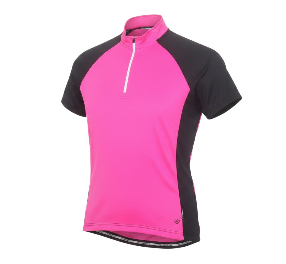 Prewornwholesale women's pink and black short sleeve cycling jersey with a quarter-zip front and moisture-wicking fabric
