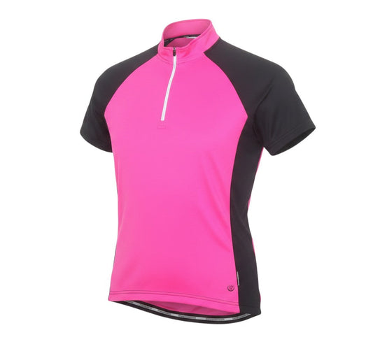 Prewornwholesale women's pink and black short sleeve cycling jersey with a quarter-zip front and moisture-wicking fabric