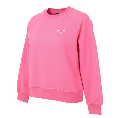 Prewornwholesale pink crew neck pullover sweatshirt with raglan sleeves and chest logo detail