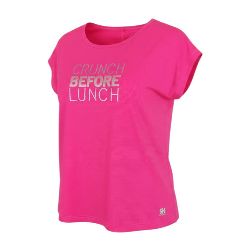 Prewornwholesale Red Herring pink polyester round neck t-shirt with Crunch Before Lunch graphic print
