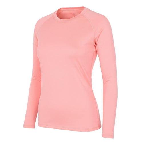 Prewornwholesale pink long sleeve active t-shirt with crew neck and raglan sleeves in a lightweight jersey fabric.