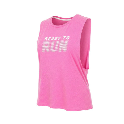 Prewornwholesale pink sleeveless tank top with Ready to Run slogan, featuring wide armholes and a relaxed fit.