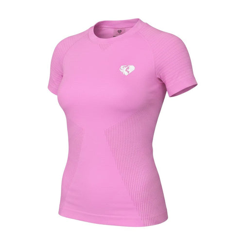 Prewornwholesale pink slim fit short sleeve activewear t-shirt with crew neck and breathable knit texture.
