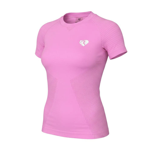 Prewornwholesale pink slim fit short sleeve activewear t-shirt with crew neck and breathable knit texture.