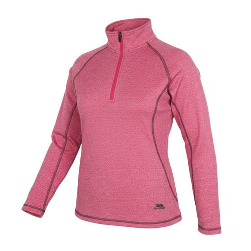 Prewornwholesale pink Trespass women's activewear top with a 1/4 zip, long raglan sleeves, and high neck collar.