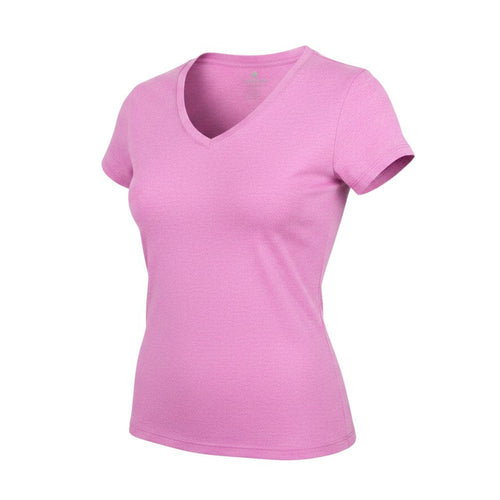 Prewornwholesale pink V-neck short sleeve active T-shirt made from moisture-wicking polyester blend fabric