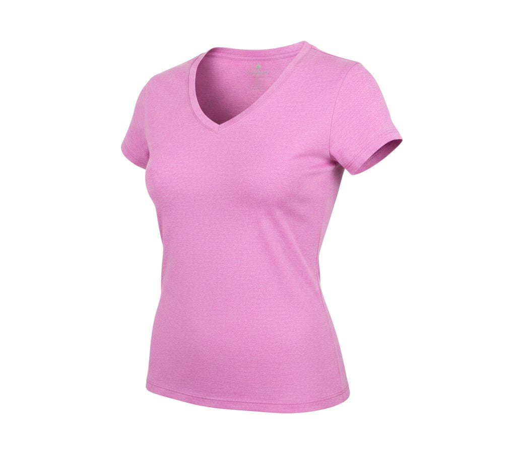 Prewornwholesale pink V-neck short sleeve active T-shirt made from moisture-wicking polyester blend fabric