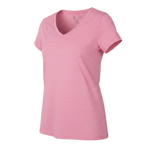 Prewornwholesale pink V-neck T-shirt for women in a soft polyester viscose blend with short sleeves