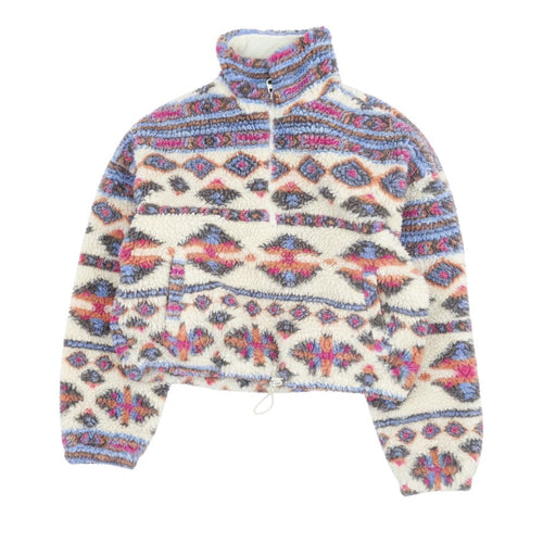 Pull&Bear Women Beige Patterned Fleece 1/2 Zip Pullover Sweatshirt Size S