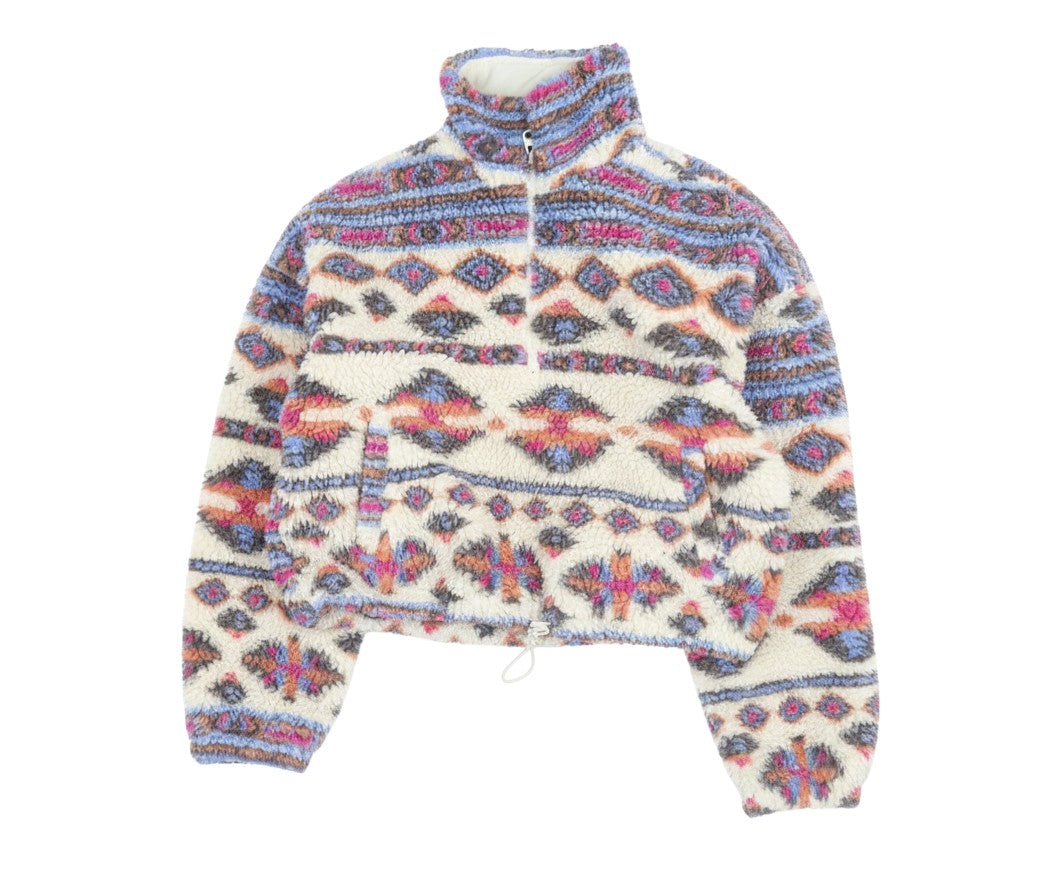 Pull&Bear Women Beige Patterned Fleece 1/2 Zip Pullover Sweatshirt Size S