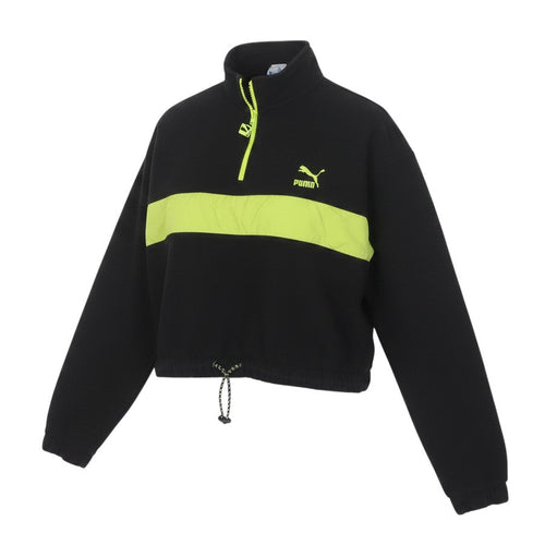 Prewornwholesale Puma women's black 1/4 zip pullover with neon green chest stripe, high neck, and drawstring hem.