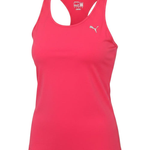 Prewornwholesale Puma women's bright pink racerback training tank top with a scoop neckline and chest logo.