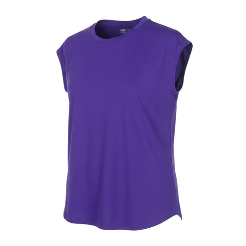 Prewornwholesale purple active T-shirt for women in moisture-wicking polyester blend with a crew neck and short sleeves