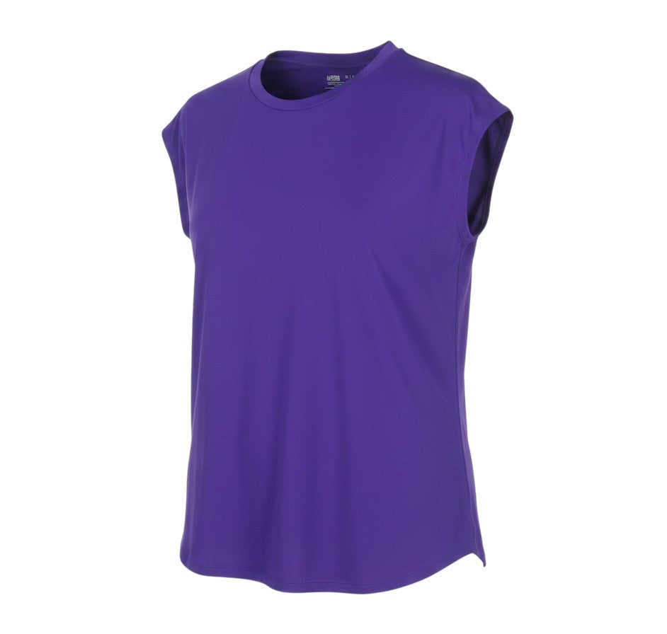 Prewornwholesale purple active T-shirt for women in moisture-wicking polyester blend with a crew neck and short sleeves