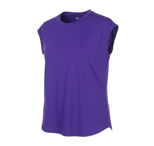 Prewornwholesale purple active T-shirt for women in moisture-wicking polyester blend with a crew neck and short sleeves