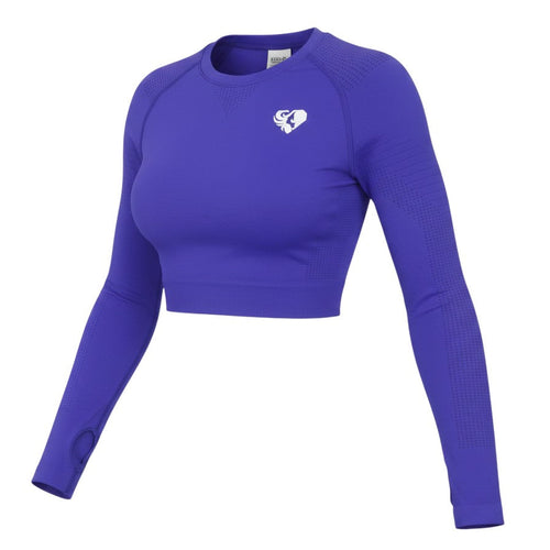 Prewornwholesale purple long sleeve cropped gym top with raglan sleeves and thumb holes in a breathable stretch fabric
