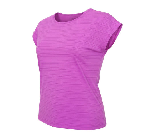 Prewornwholesale purple short sleeve activewear top with a crew neck and subtle ribbed texture for gym and fitness.