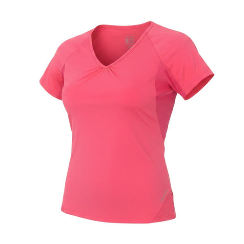 Prewornwholesale Quechua women's pink V-neck activewear t-shirt with short raglan sleeves for hiking.