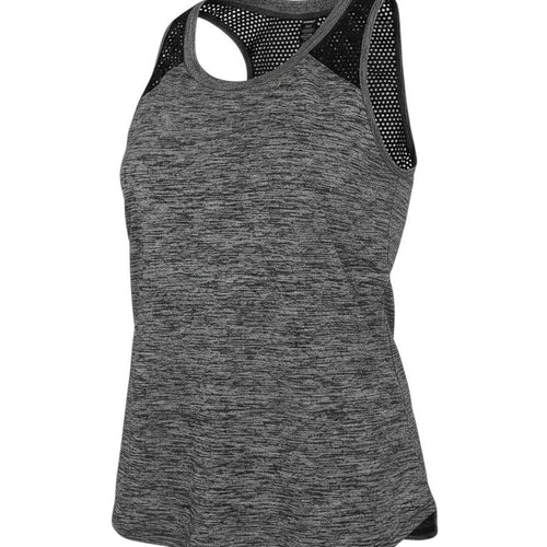 Prewornwholesale RBX women's grey heathered polyester athletic tank top with black mesh racerback detail