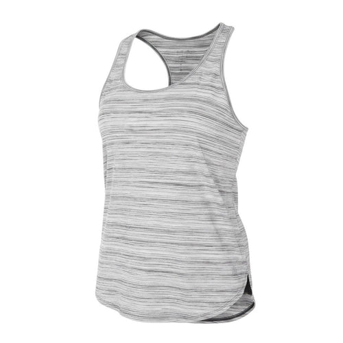 Prewornwholesale RBX women's grey heathered polyester racerback tank top with a scoop neck and curved hem.
