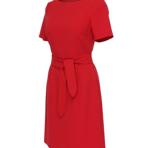 Prewornwholesale red Coast shift dress with short sleeves, boat neckline, and a tie-waist belt in a knee-length cut.