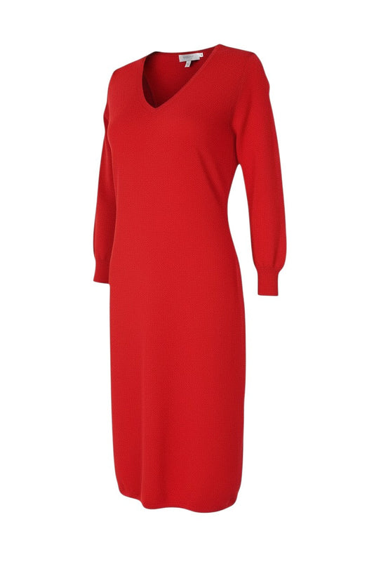 Prewornwholesale red V-neck bodycon knit dress in pure cashmere with long sleeves and a slim, knee-length silhouette.