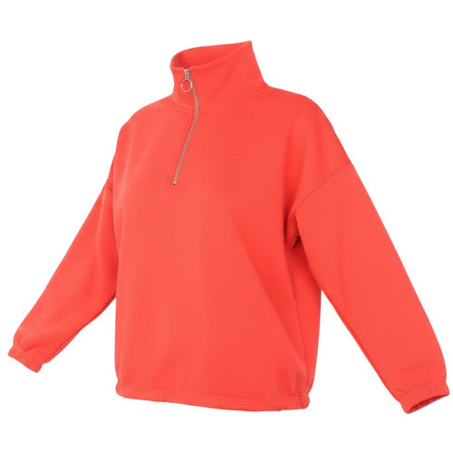 Prewornwholesale women's red jersey 1/4 zip high neck pullover with long sleeves and a drawstring hem.
