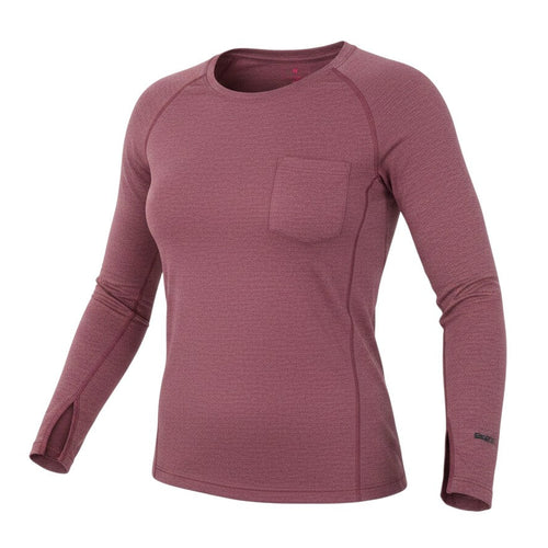 Prewornwholesale red long sleeve knit shirt with a chest pocket and thumbhole cuffs for a sporty, comfortable fit.