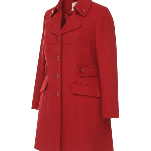 Prewornwholesale red wool blend mid-length coat with single-breasted button closure and front flap pockets.