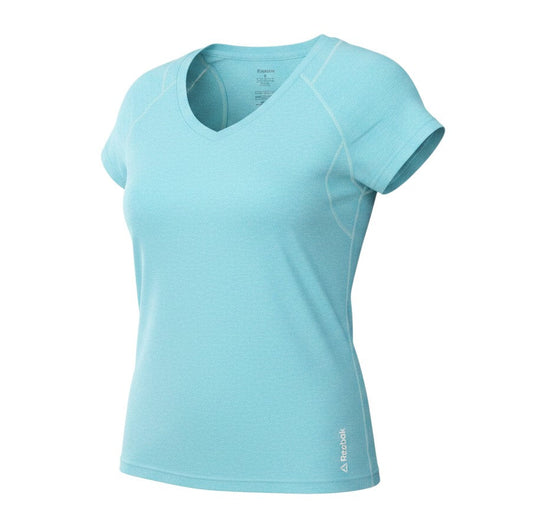 Prewornwholesale Reebok women's aqua blue moisture-wicking V-neck sports T-shirt with raglan sleeves