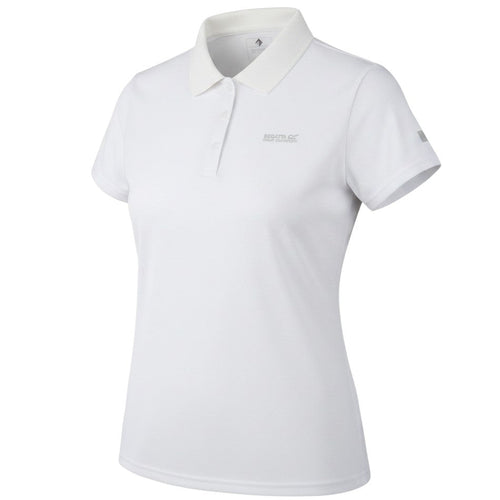 Prewornwholesale Regatta women's white short sleeve polo shirt in breathable polyester with a collared neckline.