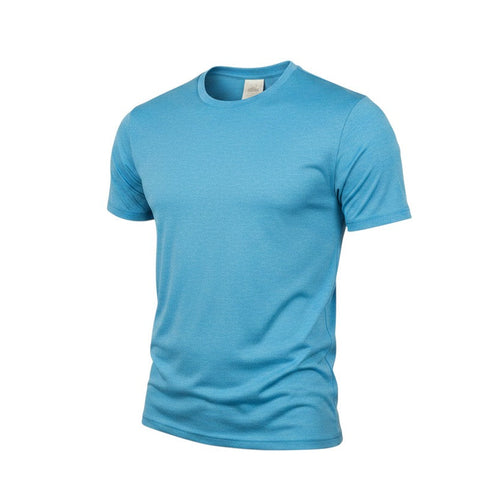 Prewornwholesale Rhino women's blue short sleeve active t-shirt in moisture-wicking polyester with a crew neckline.
