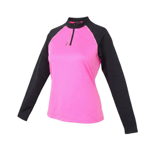Prewornwholesale RIDGE women's pink and black long sleeve athletic cycling jersey with a quarter zip and high neck.