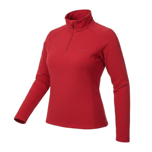 Prewornwholesale red Rohan women's 1/4 zip long sleeve pullover with high neck and moisture-wicking fabric.