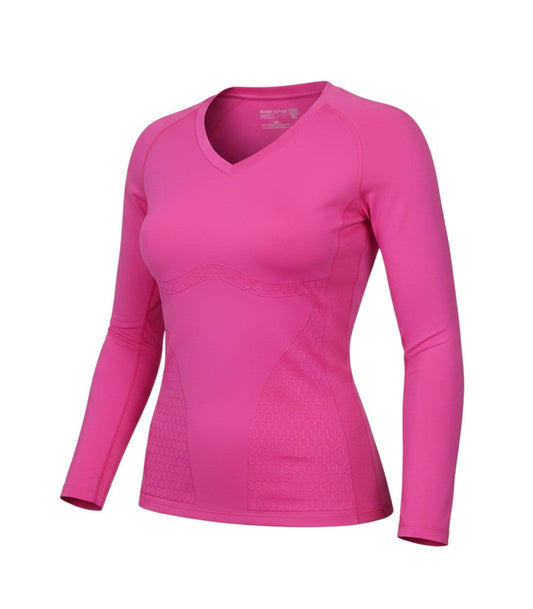Prewornwholesale Shock Absorber pink long sleeve V-neck gym top with mesh side panels for breathable athletic wear.