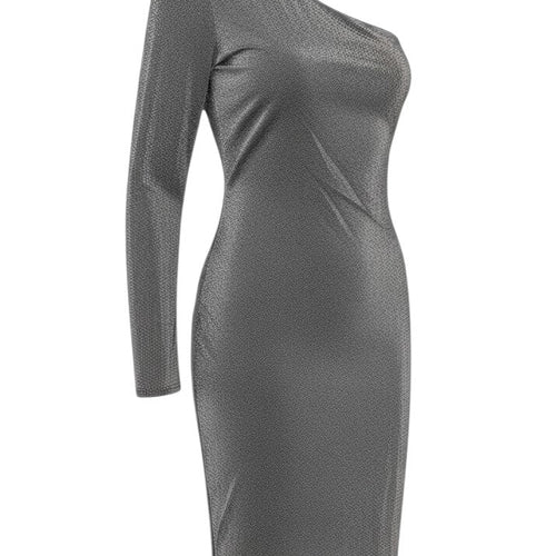 Prewornwholesale silver one-shoulder midi bodycon dress with long sleeve in metallic jersey fabric