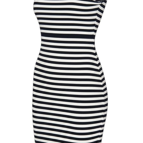 Prewornwholesale French Connection navy and white striped off-the-shoulder bodycon dress in a soft cotton jersey blend