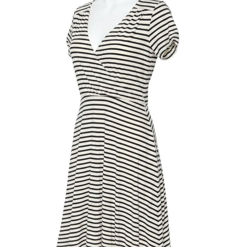 Prewornwholesale Great Plains black and white striped cotton jersey A-line dress with a V-neck and short sleeves.