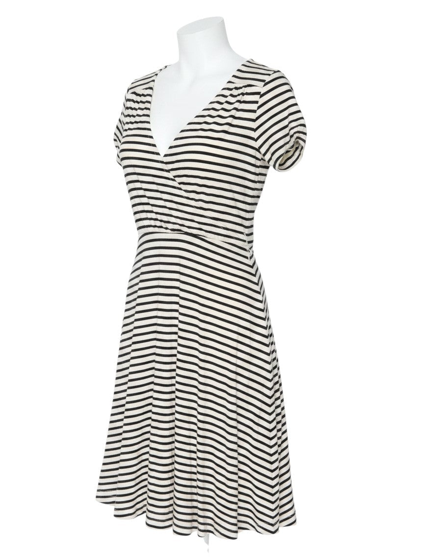 Prewornwholesale Great Plains black and white striped cotton jersey A-line dress with a V-neck and short sleeves.