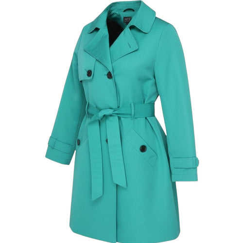 Prewornwholesale M&S teal green long belted trench coat with wide lapels, button-front, and adjustable cuff tabs.