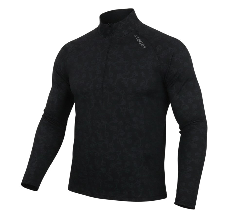 Prewornwholesale TOG24 black long sleeve activewear top with a quarter-zip neck and subtle geometric pattern